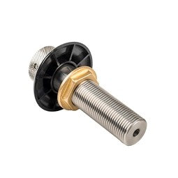 En 10 cm Krome Dispense metallgjengebolt med riflet knott, rustfritt stålfinish, svart plastflens og sekskantmutter i messing. Passer til Perlick tappekran-systemer eller Krome Dispense-tilbehør.