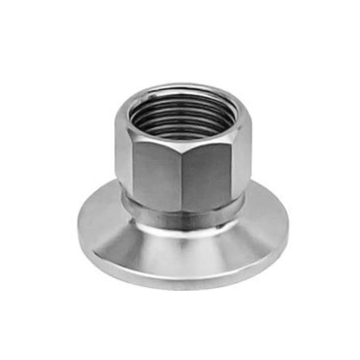 Brewshop 1,5" Tri-Clamp x 3/4" BSP (hunn) er vist på en vanlig hvit bakgrunn, og har en metallkonstruksjon med en bred, flat base og gjenget innside for sikre tilkoblinger.