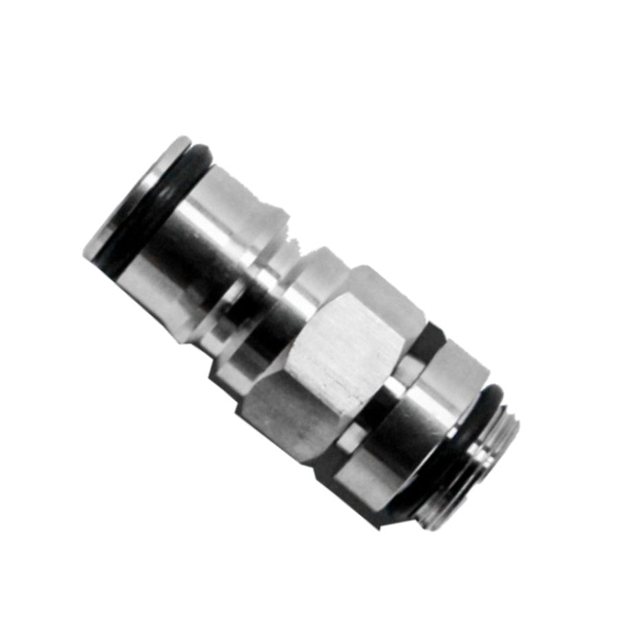 Nærbilde av Ultratap Ball Lock Spout fra Keg King, laget av rustfritt stål med O-ringer i begge ender, designet for sikker tilkobling av luftslanger eller rør.