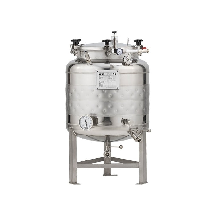 Speidel FD-1.2B 120L trykktank rustfritt stål 1,2 bar - komplett er en trykktank i rustfritt stål med manometer, ventiler og beslag - perfekt som ølgjæringstank for både hjemmebryggere og profesjonelle.