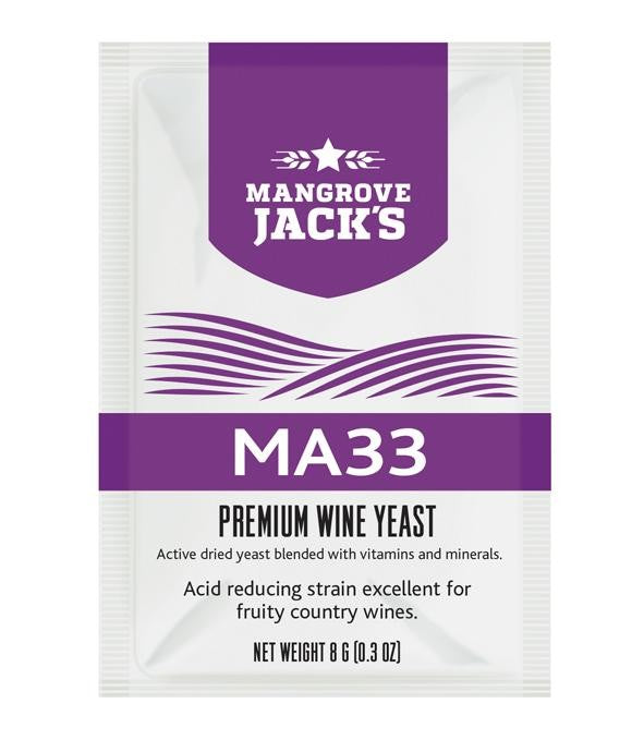 Mangrove Jacks MA33 vingjær - 8g (Fruktvin) er en syrereduserende gjær fra Mangrove Jacks, ideell for landviner og for å forsterke fruktige toner ved effektivt å redusere eplesyre.