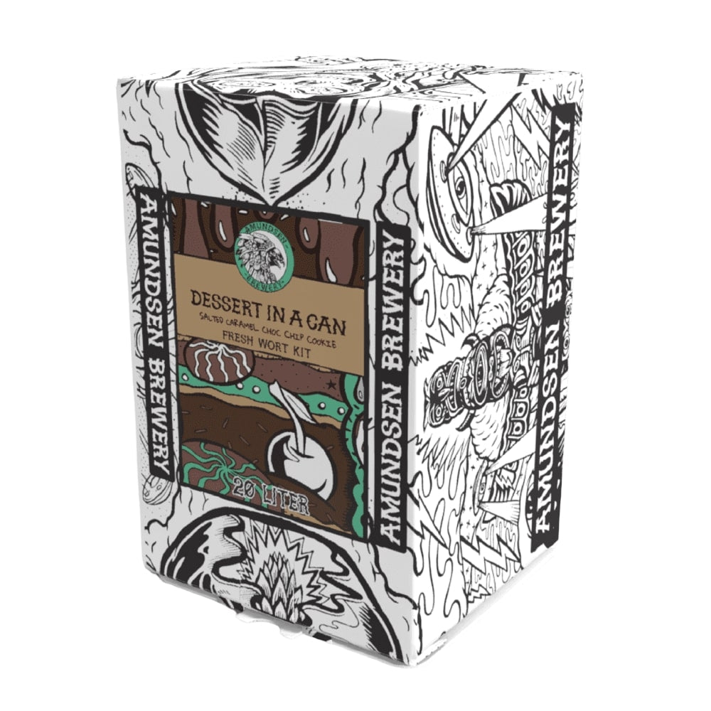 Amundsen Dessert In a Can - Salted Caramel Choc Chip Cookie 20L Fresh Wort Kit er et Pastry Stout-urt-sett med dessertinspirerte smaker og illustrert innpakning.