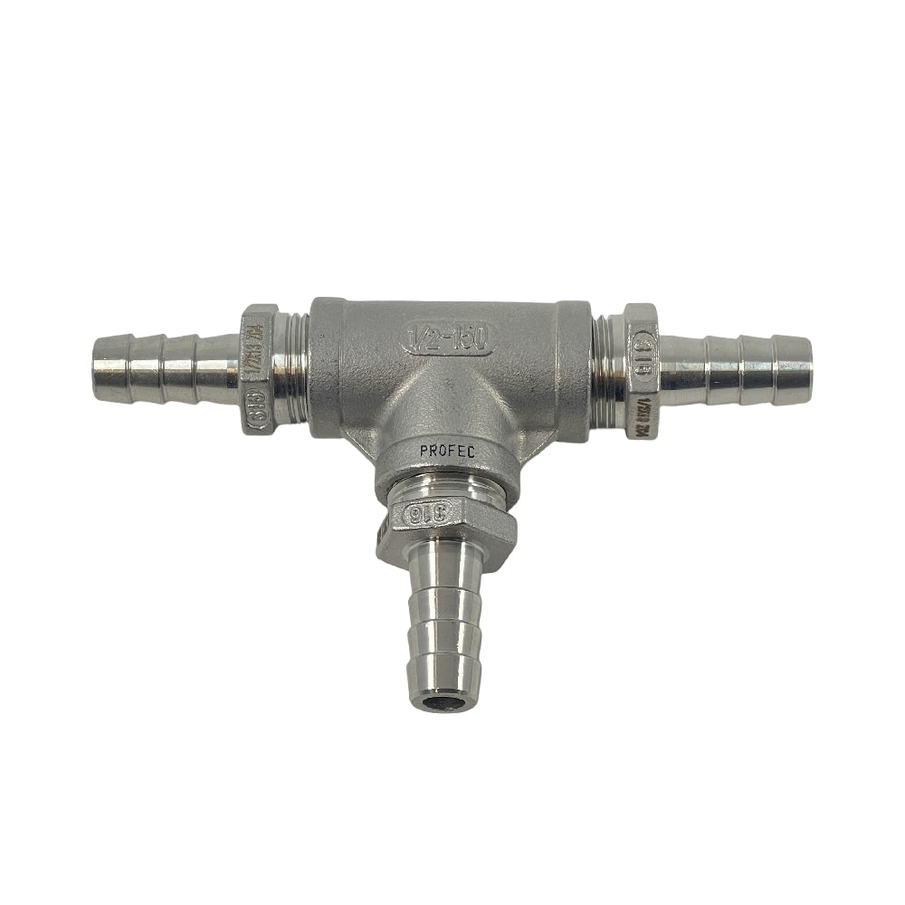Quantor Compact Manifold 1/2" for 2 tanker er en rustfritt stål T-formet slangekobling med gjenger og størrelsesmarkering, perfekt for glykolkjøleroppsett, vist mot en hvit bakgrunn.