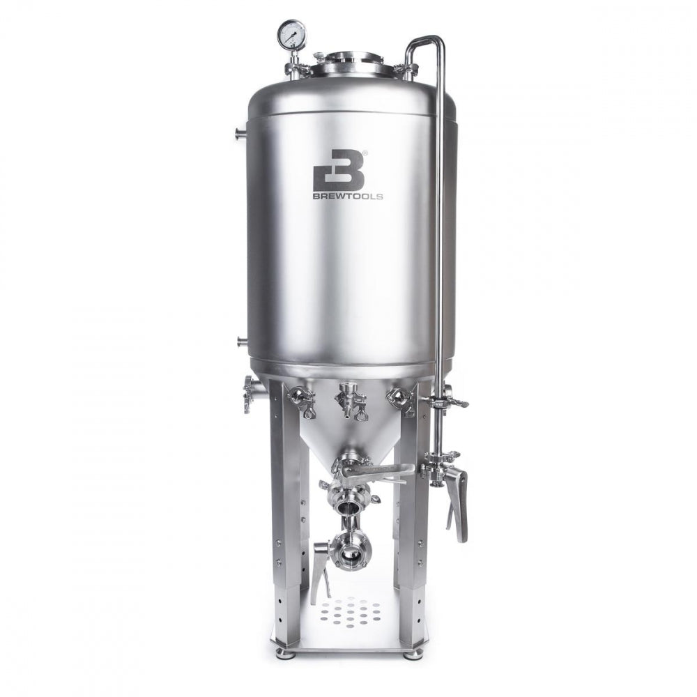 Brewtools F150 Unitank er en 150 liters konisk fermentertank i rustfritt stål fra Brewtools, med trykkmåler, ventiler og Brewtools-logo - ideell for brygging og fermentering.