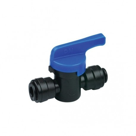 DMfit 6mm Stengeventil er en svart inline kuleventil fra Dmfit, med blått spakhåndtak og push-fit-koblinger i begge ender. Næringsmiddelgodkjent. Vist mot en hvit bakgrunn.