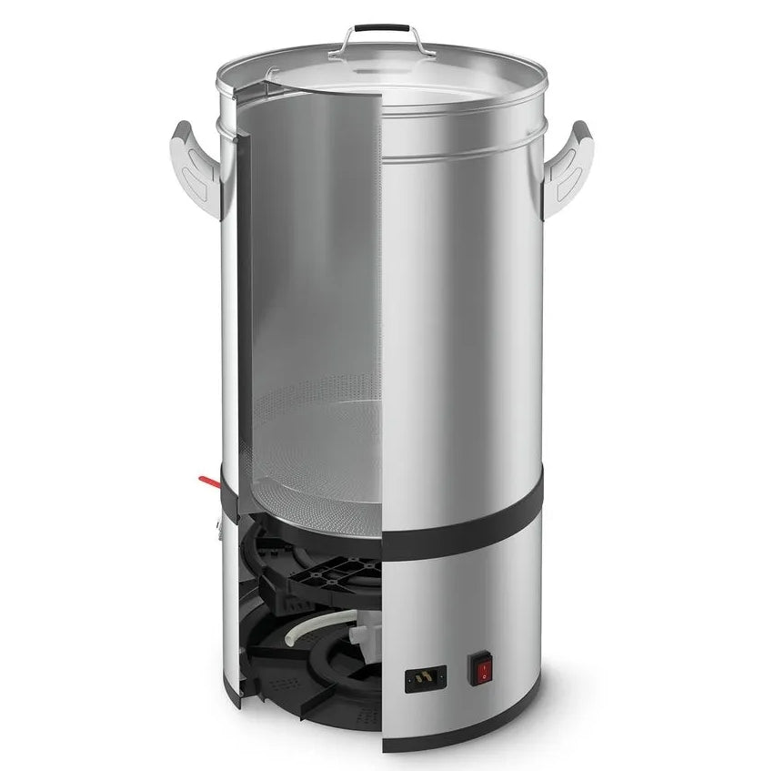 Grainfather G70v2 er en stor, helautomatisk bryggemaskin i rustfritt stål med synlige varmeelementer, brytere og sidehåndtak - ideell for ølbrygging-entusiaster.