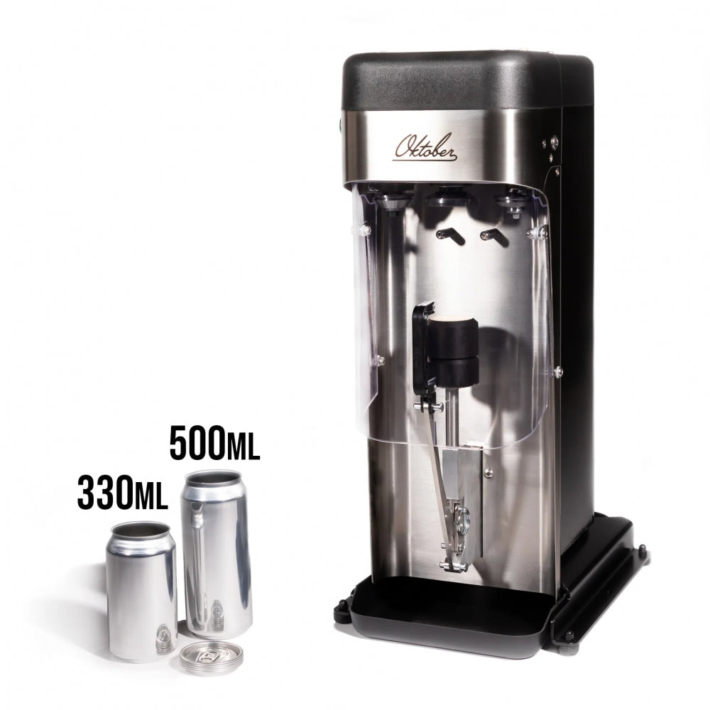 Oktober Design Model 8 Can Seamer - Automatisk boksmaskin (Bestillingsvare) fra Oktober Design er vist med en boks ved siden av seg.