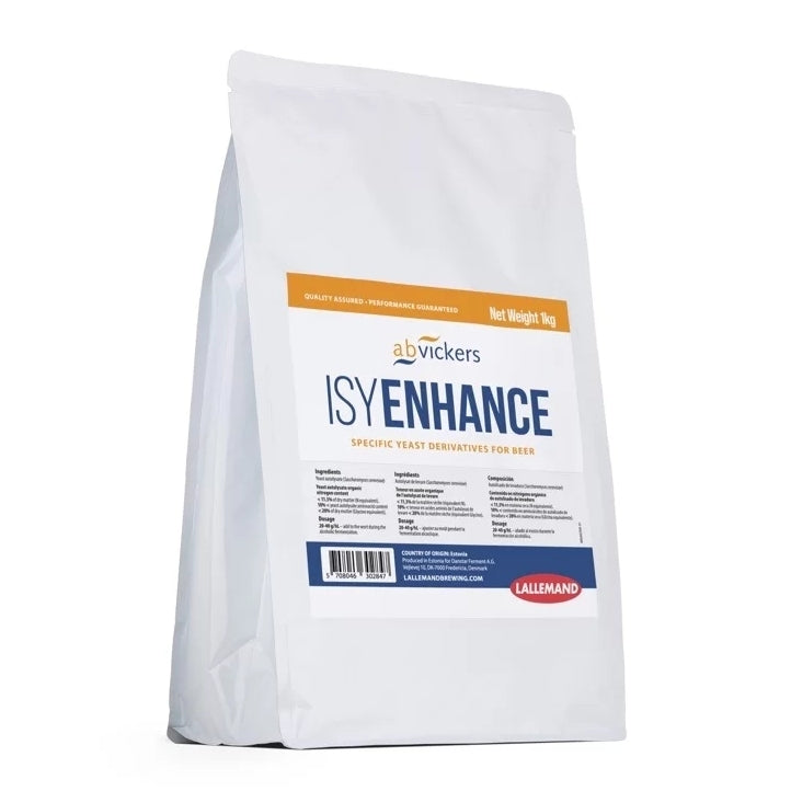 En hvit pose merket Lallemand ISY Enhance 1kg med produktinfo og nettovekt i hjørnet - ideell for balansert smak og økt fylde i ditt neste brygg.