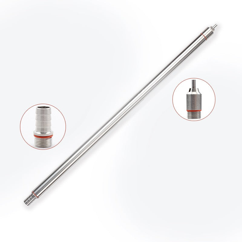 Brewshop Flaskefyller av rustfritt stål er en 35 cm lang metallstang med gjengede ender, vist med nærbilder som fremhever ulike koblingsutforminger.