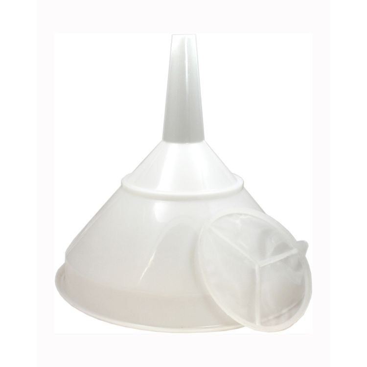 Ferrari Trakt med filter, diameter 30,5 cm, i hvit plast vises mot en enkel bakgrunn - perfekt for hjemmebryggere som ønsker presisjon under brygging.