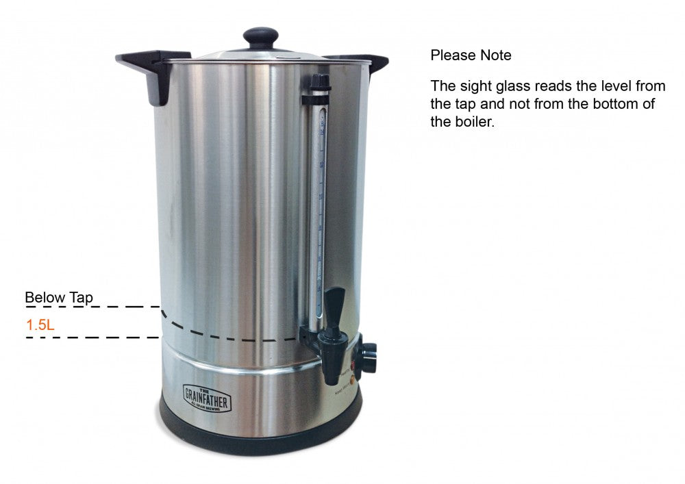 Grainfather Sparge Water Heater 18L er en vannkoker i rustfritt stål med skueglass og tappekran; merk at skueglasset måler fra tappekranen, ikke kjelebunnen, og at 1,5L-merket er under tappekranen - ideelt for skyllevann bryggesystem.
