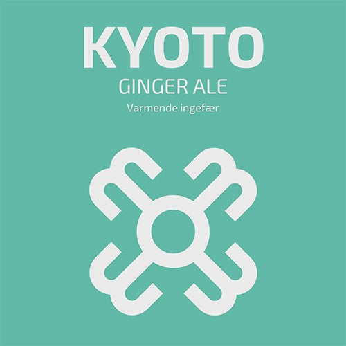 Blågrønn etikett med hvitt geometrisk design, teksten lyder Hogna Brygg Kyoto - allgrain ølsett by Brewshop - perfekt for hjemmebryggeren som ønsker en unik bryggeopplevelse.