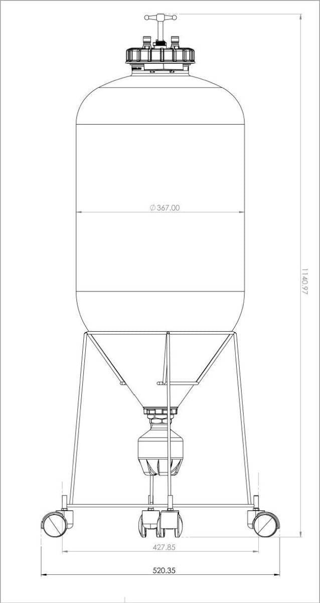 Teknisk tegning av Apollo 60L Unitank - Keg King, med kuppelformet topp, konisk bunn og metallstativ med hjul. De viktigste dimensjonene er angitt i millimeter. Merkevare: Keg King.