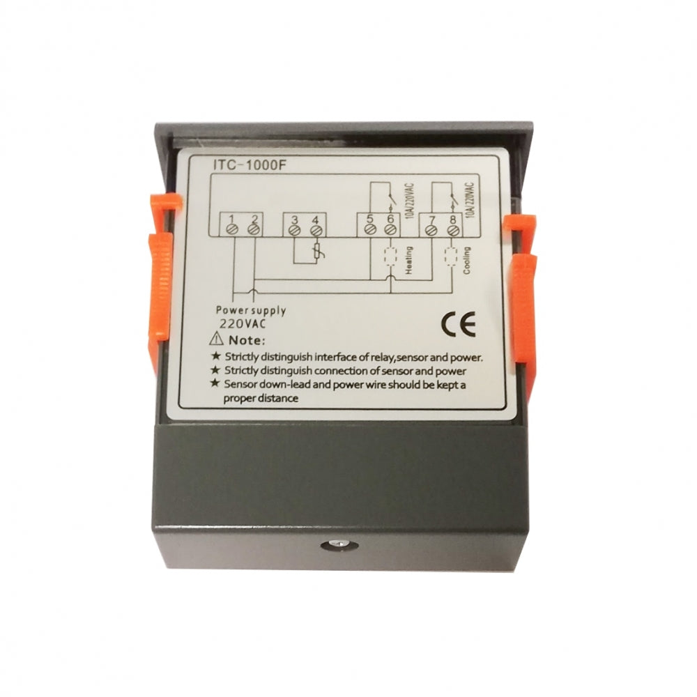Inkbird ITC-1000 Temperaturkontroller 220V fra Inkbird har et koblingsskjema og instruksjoner trykt på toppanelet, med oransje klips synlige på begge sider.