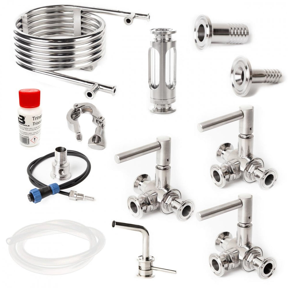 Brewtools Tilbehørspakke 4-ventilers oppsett er et sett med sølvfargede rør og beslag, perfekt for å bygge en Brewtools startpakke eller oppgradere B40pro-, B80pro- eller B150pro-systemet ditt.