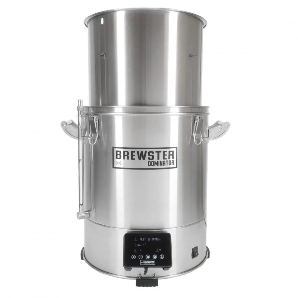 Brewster Dominator 40 fra Brewolution er en effektiv bryggemaskin med WIFI, laget i rustfritt stål, håndtak, kontrollpanel og digitalt display foran.