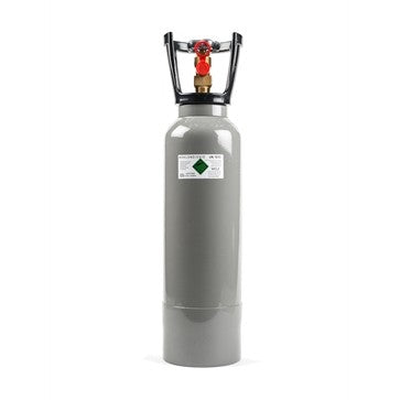 Welz Gas CO2-flaske 4 kg er en grå flaske med beskyttelseskrage, ventil og en grønn fareseddel på forsiden.