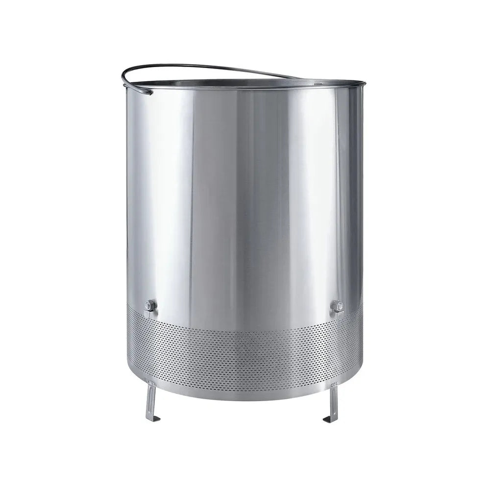 Grainfather Maltkurv til Grainfather S40 er en sylindrisk beholder i rustfritt stål med perforert underdel, tre korte ben og et buet håndtak, designet av Grainfather.