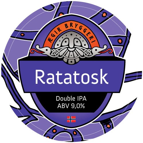 En sirkulær øletikett til Brewshops Ægir Ratatosk - allgrain ølsett (Double IPA, 9,0 % ABV), med vikingmotiv og norsk flagg - ideell for hjemmebryggingentusiaster og fans av dristig, norsk håndverksøl.