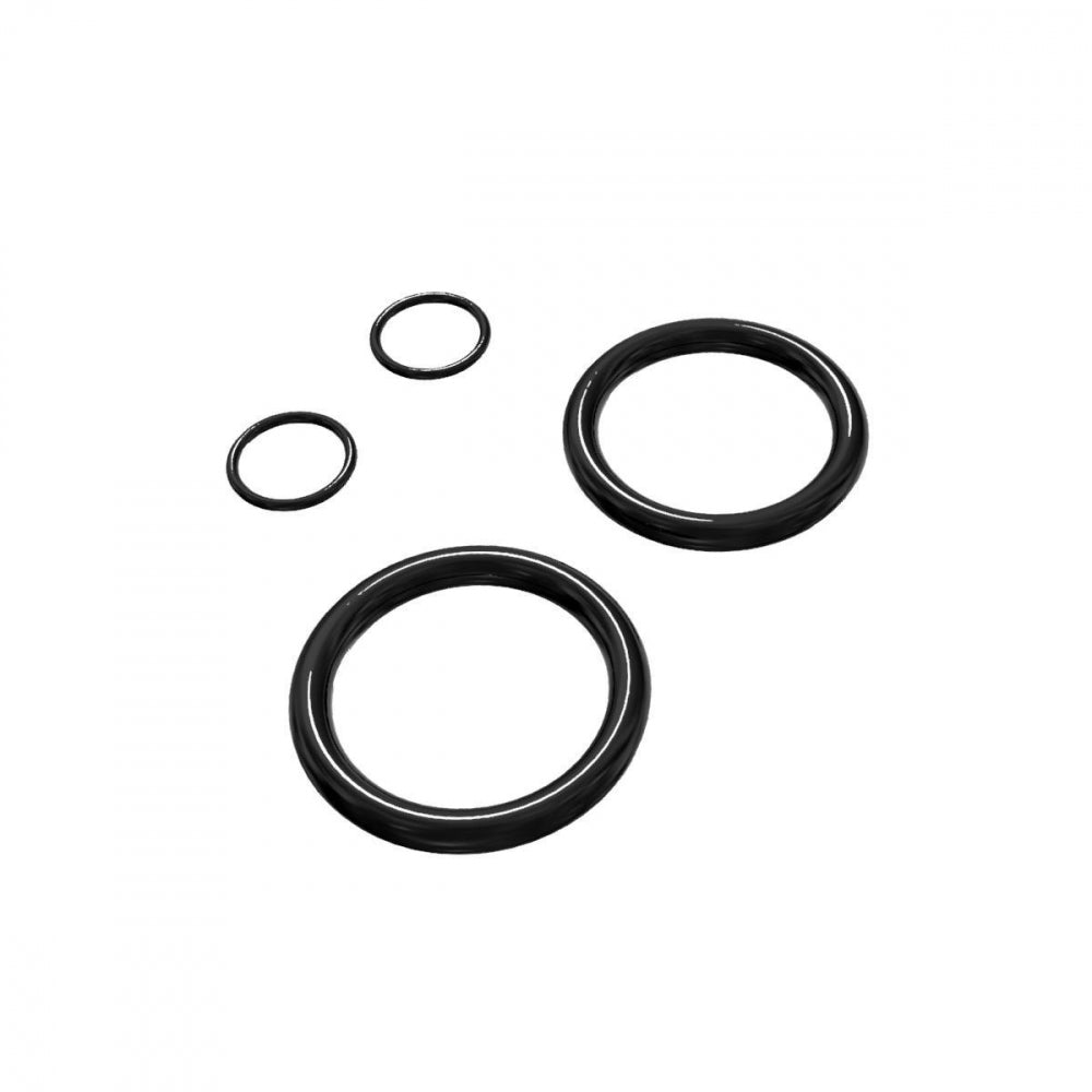 Pakningsett til justerbar dyppeslange fra Brewtools: Fire sorte O-ringer i ulike størrelser, ideelle for Brewtools oppsett eller justerbare dip tube-monteringer, vist på hvit bakgrunn.