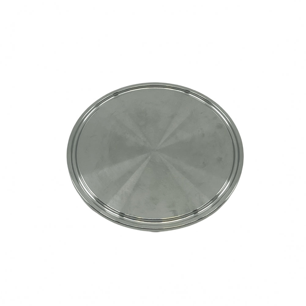 Brewshop 3" Tri-Clamp endelokk er en rund, flat plate laget av rustfritt stål 304 med glatt overflate og opphøyd kant, avbildet mot en hvit bakgrunn.