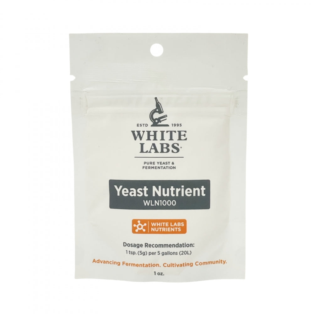 WLN1000 White Labs Gjærnæring (28 g) fra White Labs er utviklet for øl- og hjemmebrygging og har tydelige doseringsanbefalinger for optimal gjæring trykt på forsiden.