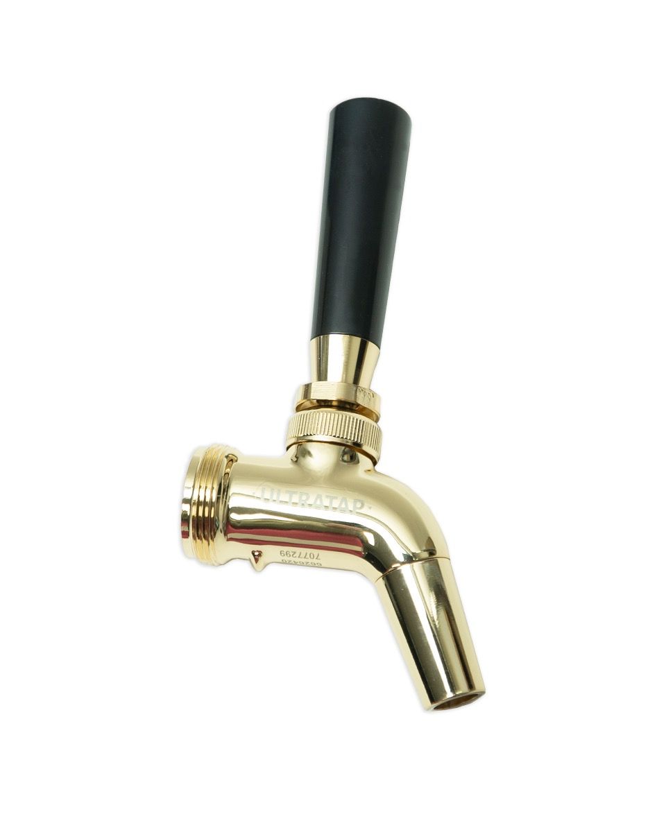 Ultratap Gold tappekran med håndtak fra Keg King er en ølkran i messing med svart håndtak og fremre forsegling, vist isolert på hvit bakgrunn.