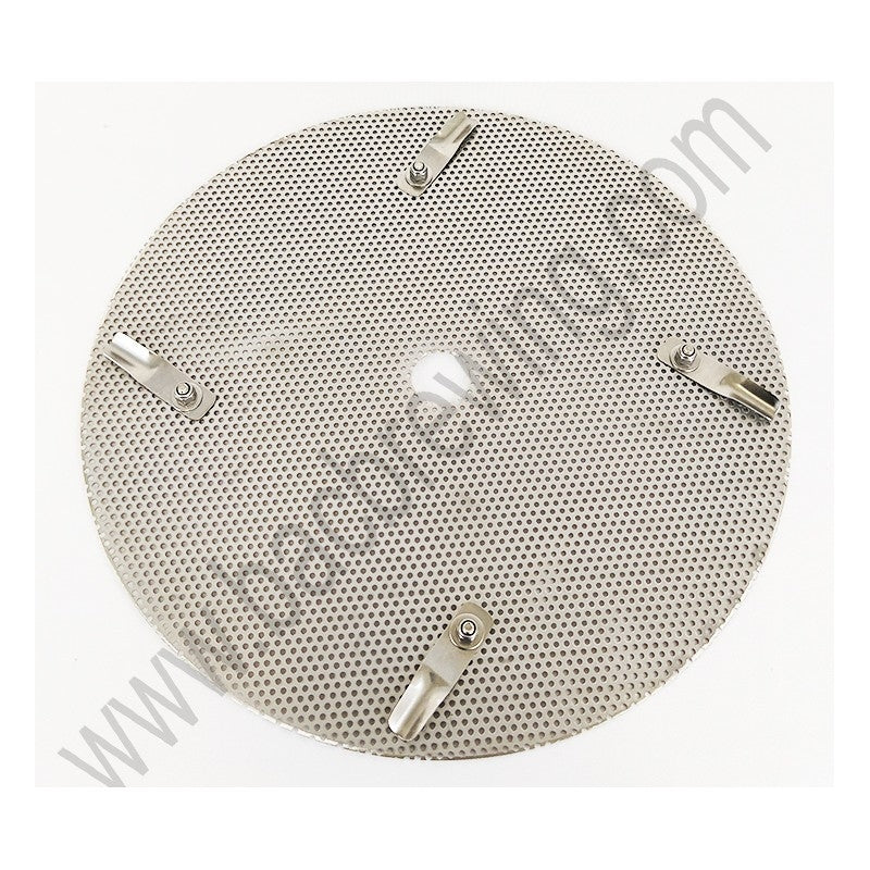Ny silbunn for Grainfather G30 fra BacBrewing er en rund, perforert metallskive med fire justerbare klemmer og et hull i midten, designet for å passe til Grainfather G30 bunnfilter.