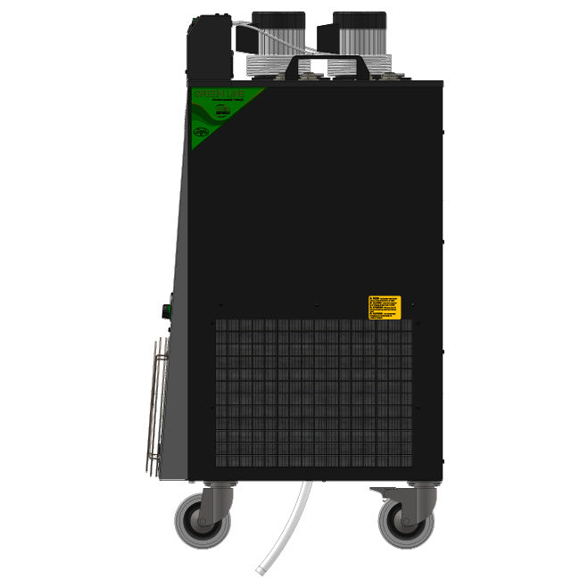 Lindr CWP 300 4X Pump 4X Thermostat NEW Green Line er en svart industrikjøler på hjul med avtrekksventiler, nettingpanel, advarselsetikett, slange og metallhåndtak på siden - ideell som kjølesystem for fermenteringstanker.