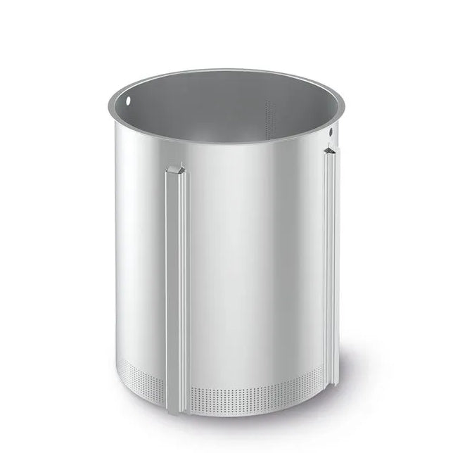 En sylindrisk kurv i rustfritt stål med bunnperforering og tre sidehåndtak, designet for ølbrygging eller bruk med Grainfather G70v2 helautomatisk bryggemaskin fra Grainfather, ideell for storkjøkken eller industriell bruk.