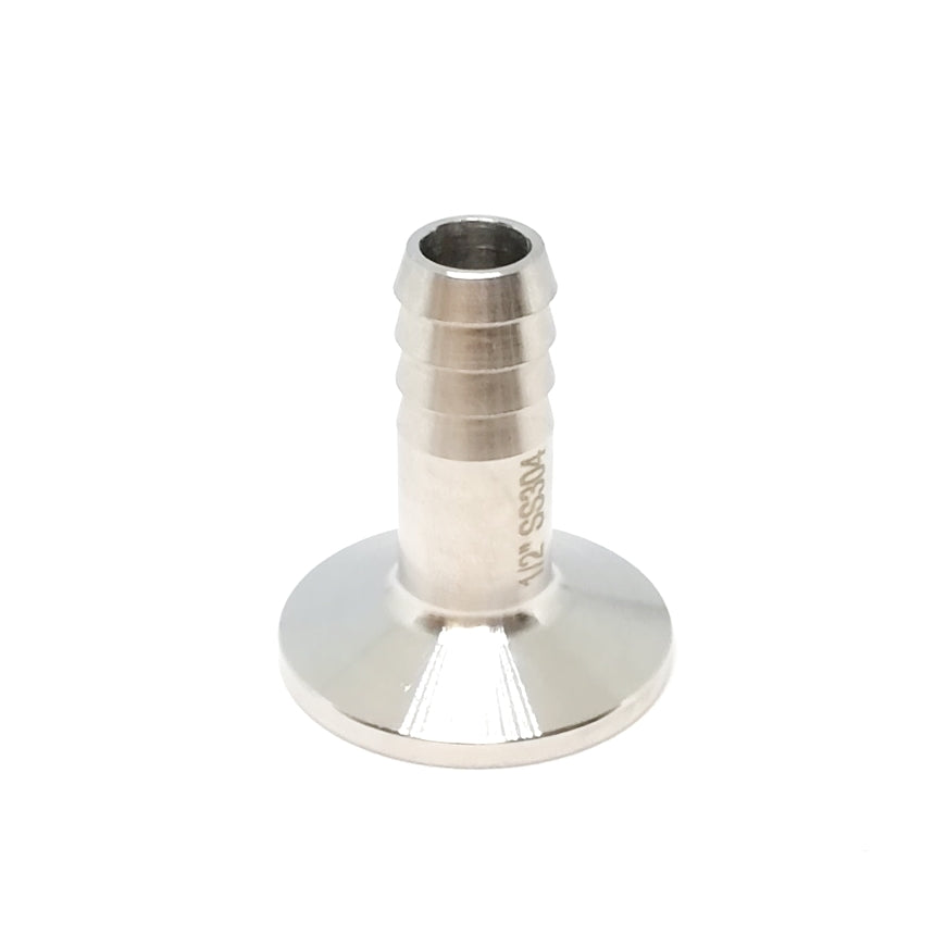 Brewshop 34mm Tri-Clamp til 12mm slangenippel i 304 rustfritt stål, med glatt flens og gjenget ende, avbildet mot hvit bakgrunn.