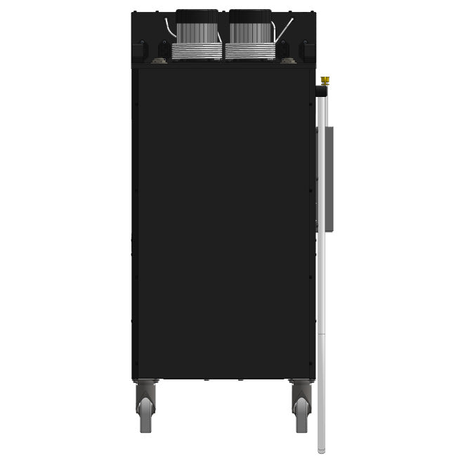 Lindr CWP 300 4X Pump 4X Thermostat NEW Green Line fra Lindr, et svart industrielt aggregat med hjul, toppmonterte motorer og kontrollpanel på høyre side - ideelt som mikrobryggeri kjøler eller for gjæringstanker.
