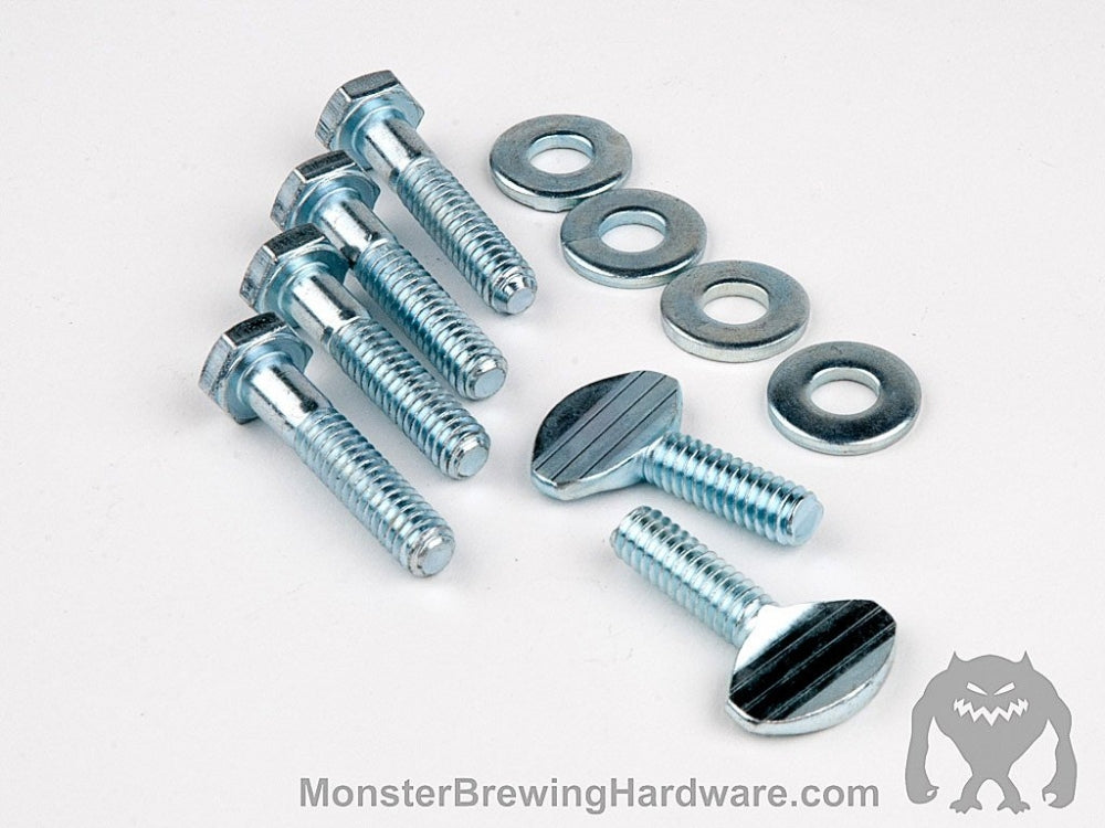 Fire Reserve festeskruer for Monster Mill fra Monster Brewing Hardware, to tommelskruer og fire metallskiver er plassert på en hvit flate, med logoen og nettstedet MonsterBrewingHardware.com nederst.
