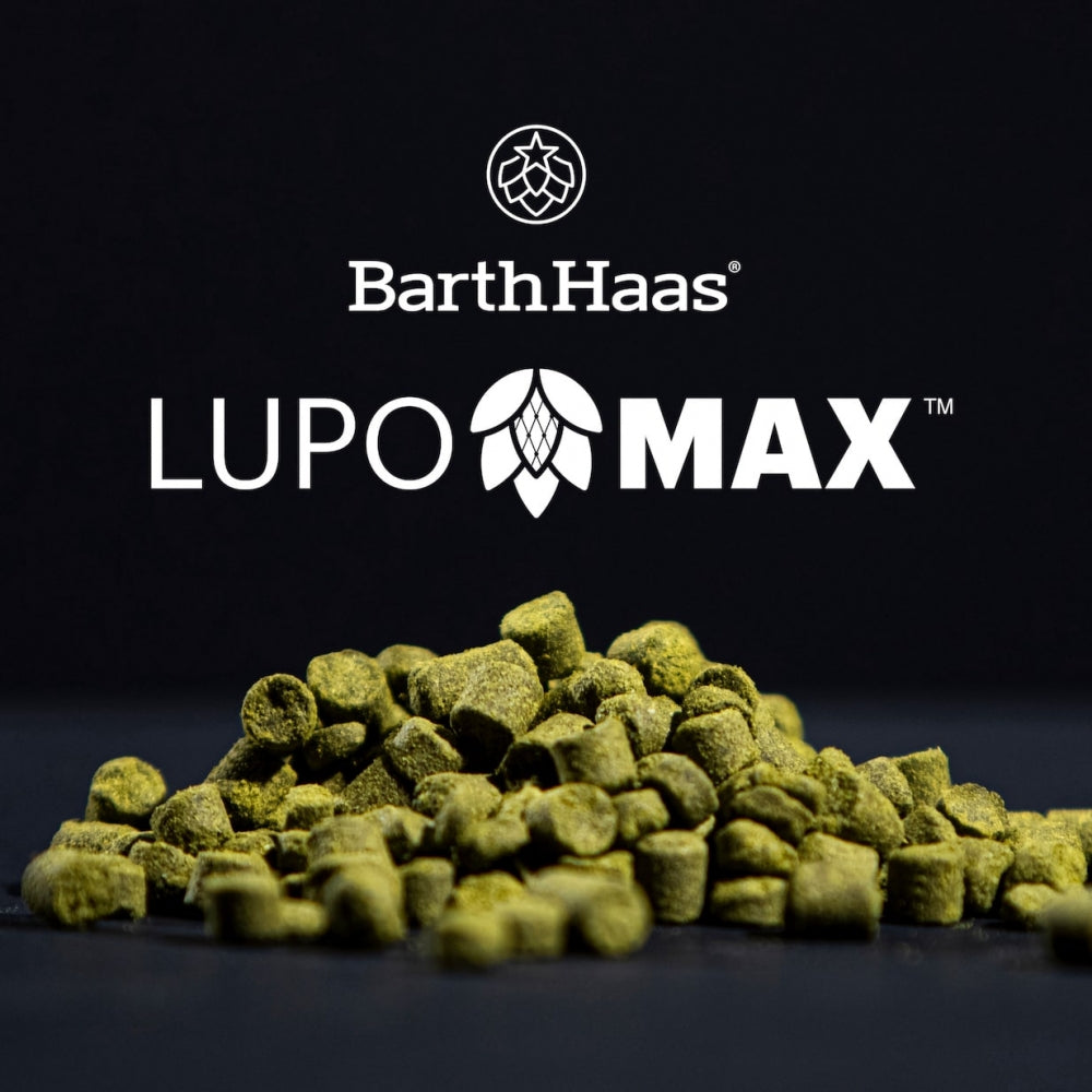 En haug med grønne Citra LUPOMAX 2021 100 g (18 %) pellets fra Yakima Valley Hops ligger foran en svart bakgrunn, med logoene til Yakima Valley Hops og Citra LUPOMAX over.