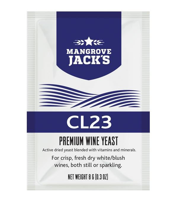 Mangrove Jack's CL23 vingjær - 8g (Allround hvitvin): Førsteklasses, hurtiggjærende vingjær med høy alkoholtoleranse, ideell for friske, tørre, hvite og røde viner - stille eller musserende. Merkevare: Mangrove Jacks.