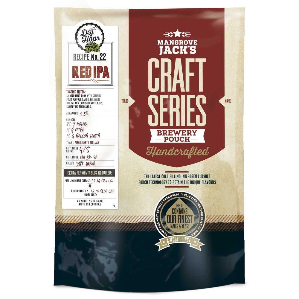 Mangrove Jacks Craft Series Red IPA ekstraktsett 2,5 kg kommer i en pose med detaljerte smaksnotater og informasjon om ølet trykt på emballasjen.
