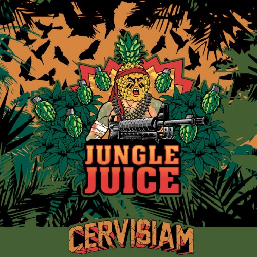 Illustrasjon av en figur med humlekeglehode som holder et maskingevær, omgitt av humle og jungelløvverk. Tekst: Jungle Juice og Brewshop Cervisiam Jungle Juice - allgrain ølsett-ideell inspirasjon for hjemmebryggere.