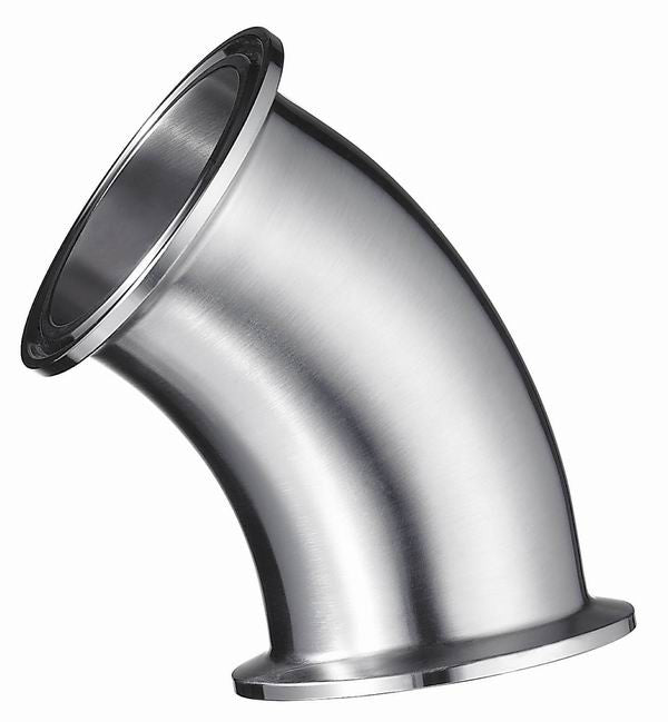 Brewshop 1,5" Tri-Clamp albue 45 grader er en 38 mm rørbøyekobling laget av 304 rustfritt stål med en glatt overflate, designet for å koble sammen to rør i en 45-graders vinkel.