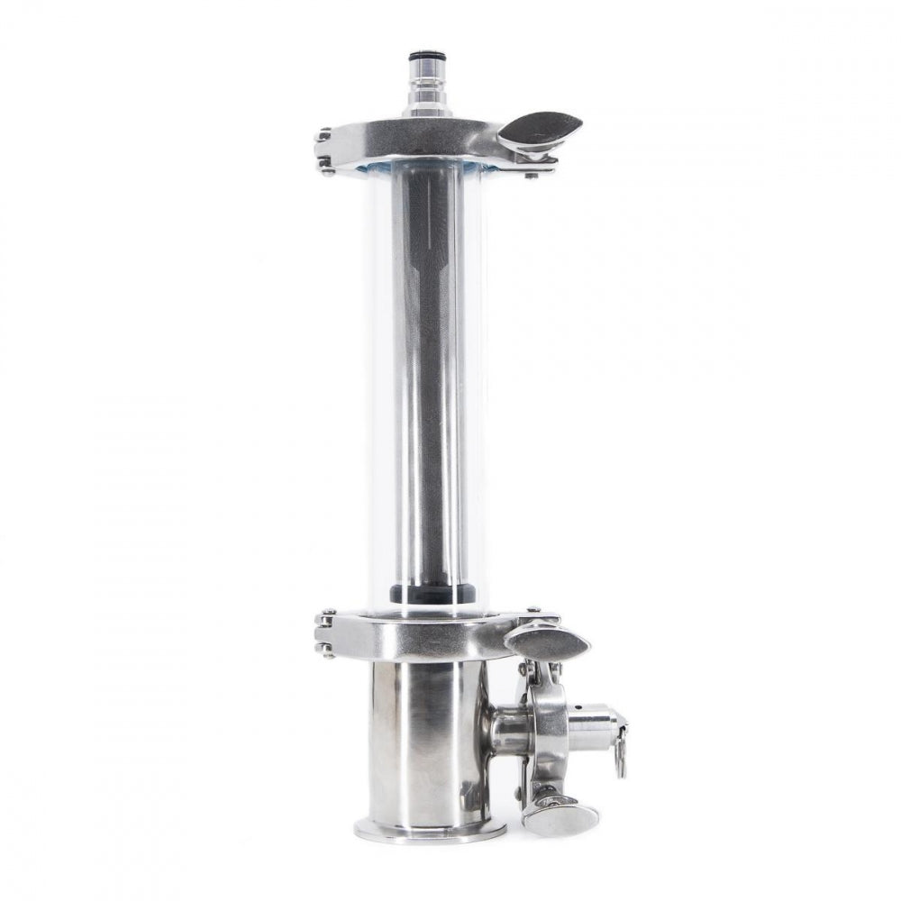 Brewtools Inline Filter Kit, 2" TC m/Ball Lock står oppreist på en hvit bakgrunn - ideelt for ølfiltrering eller bruk sammen med gjæringstankfilteret ditt.