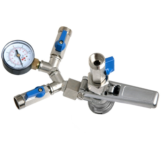 Lindr Keg Filler S-Type fra Lindr er en gassregulator i metall med trykkmåler, to kuleventiler med blått håndtak og gjengede koblinger for kontroll av gasstrømmen.