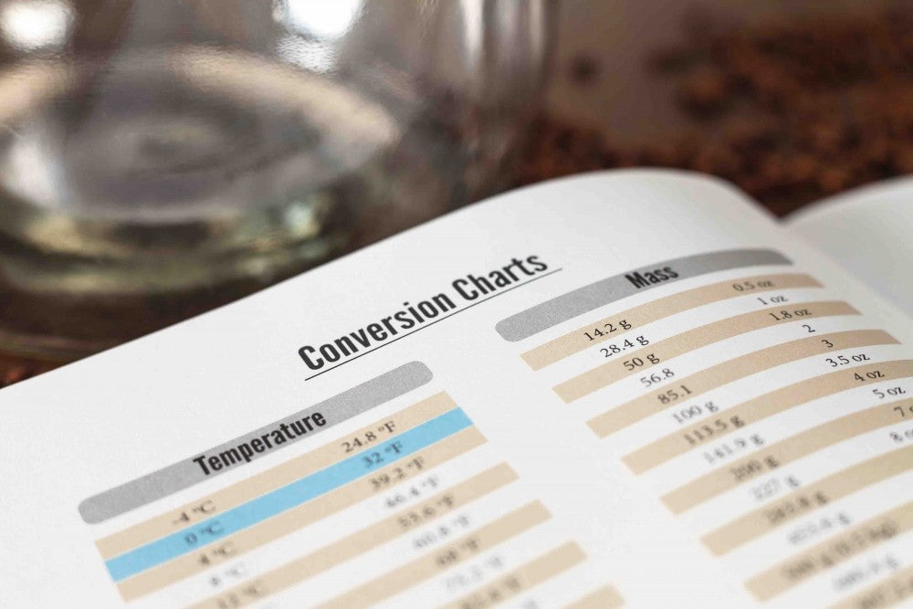 Nærbilde av en åpen Brew Journal - bryggelogg fra Brewshop, som viser temperatur- og massekonverteringsdiagrammer - noen verdier er uthevet - perfekt for notater eller øloppskrifter.