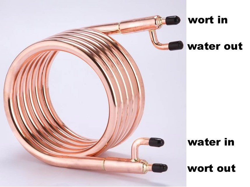 ZChiller - Motstrømskjøler (1/2" NPT) fra ZChiller har merkede rør for vørter inn/ut og vann inn/ut, noe som muliggjør effektiv varmeveksling under brygging.