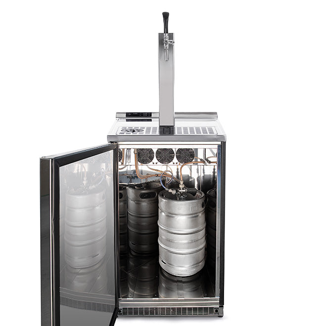 Lindr Combi Cold Bar 50 er en kegerator i rustfritt stål med åpen dør, tre ølfat og ett tappekran – ideell for profesjonelle tappesystemer og optimal gjennomstrømningskjøling.