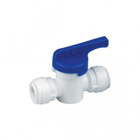 Dmfit 3/8" Stengeventil-hvit kuleventil i plast med blått spakhåndtak, merket D.M., designet for push-fit-rørleggerarbeid og godkjent for bruk i næringsmiddelindustrien. Merkevare: Dmfit.