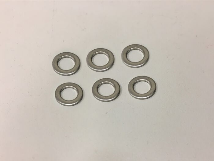 Seks RipTide Replacement Washers fra Blichmann (316 rustfritt stål, 0,256" innvendig diameter) er plassert i to rader med tre på en ren, hvit overflate.