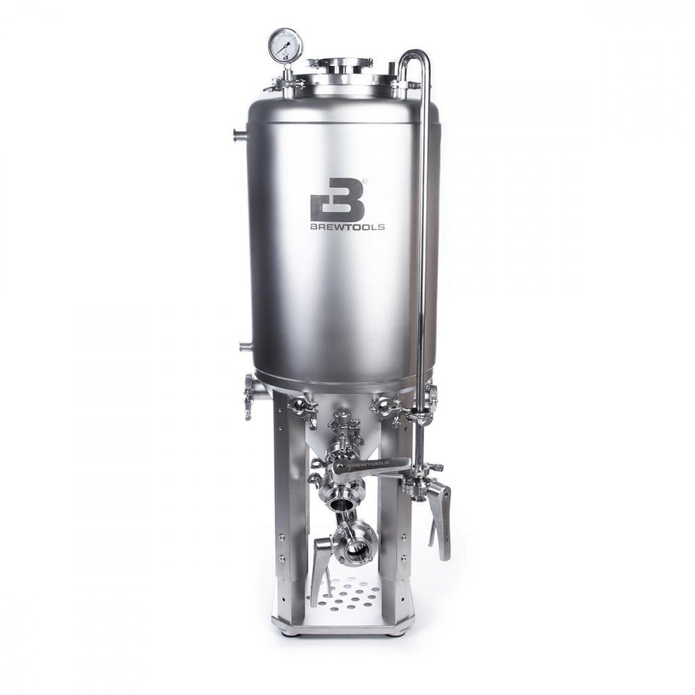 Brewtools F80 Unitank fra Brewtools er en fermenteringstank i rustfritt stål med trykkmåler, ventiler og håndtak - ideell for hjemmebrygging og gjæring av drikkevarer.