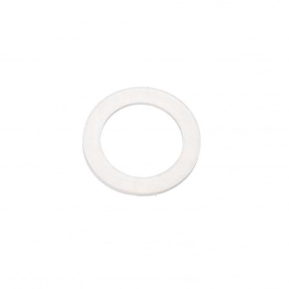 En hvit, flat og sirkulær O-ring med et sentralt hull, vist mot en hvit bakgrunn. O-ringen til Lindr tappekran er kompatibel med Lindr tappetårn-systemer.