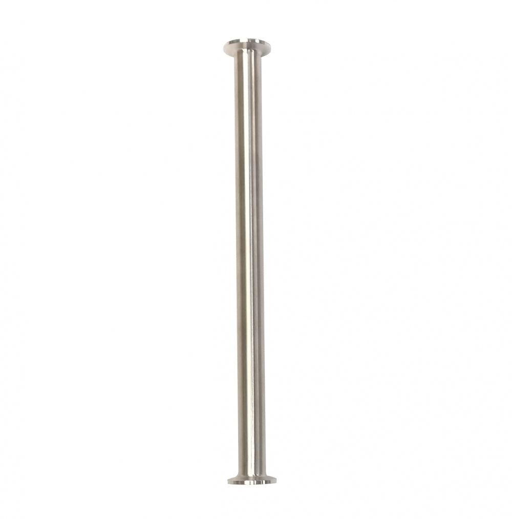 Brewshop 34 mm Tri-Clamp Extension Tube (12"/30,5 cm) er vist vertikalt mot en hvit bakgrunn, og har tri-clamp-flenser i begge ender.