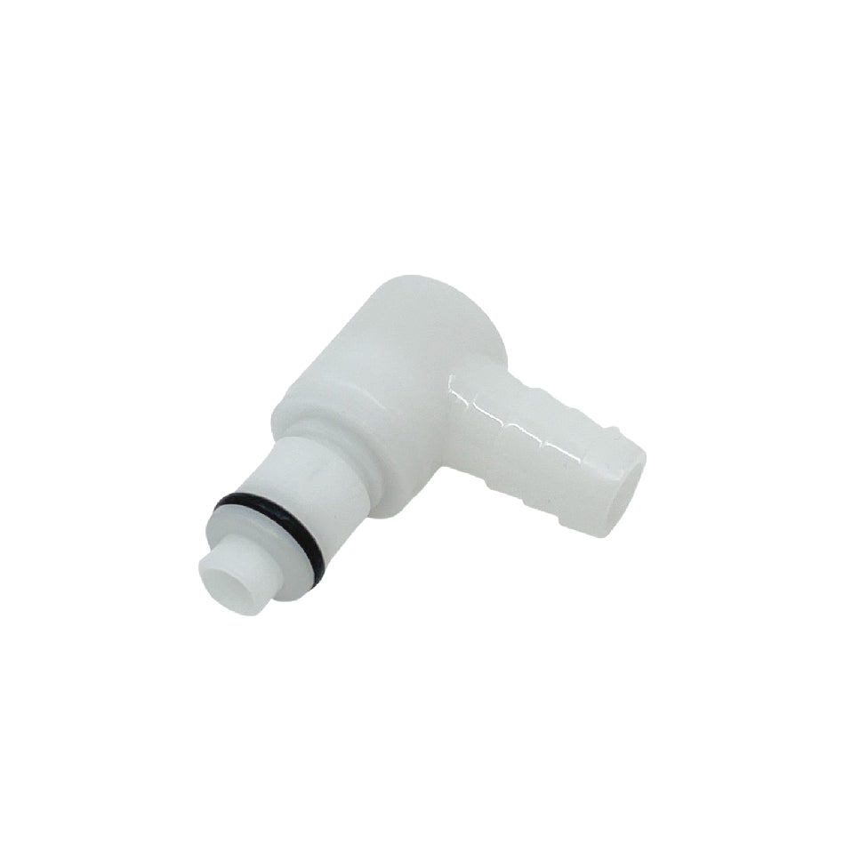 Brewshop Shut Off Coupling, hann til 3/8" nippel, 90 graders vinkel - lekkasjefri hurtigkobling med O-ring og pigg i enden, vist mot hvit bakgrunn.