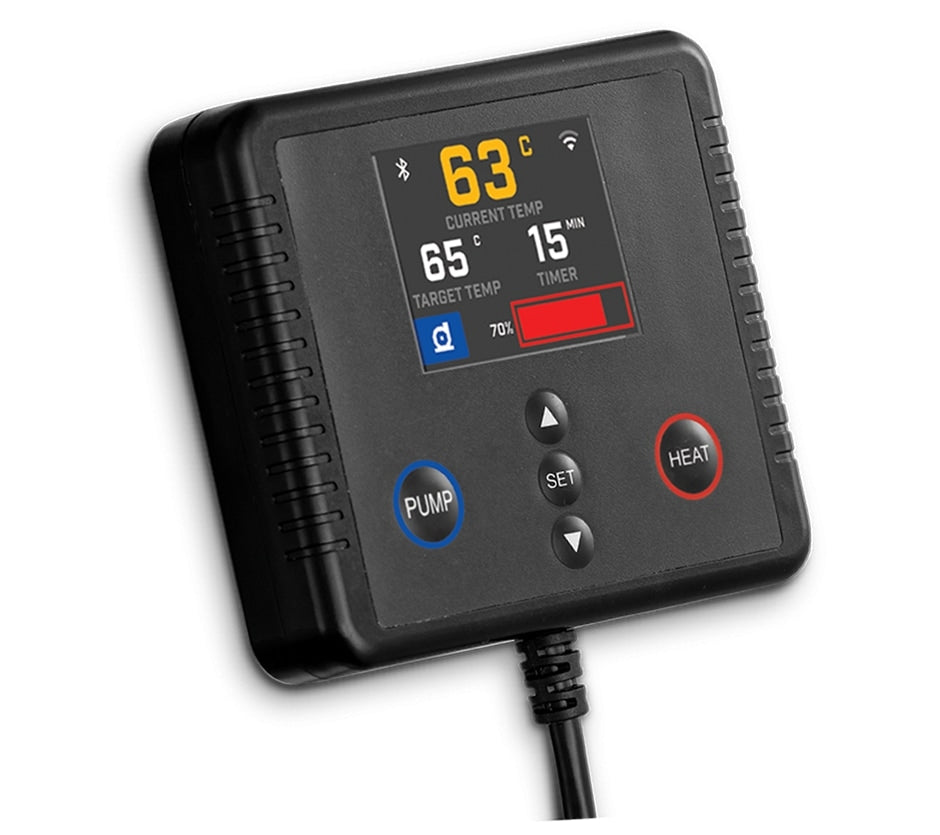 Grainfather G70 Smart Controller fra Grainfather viser 63 °C nåværende temperatur, 65 °C måltemperatur, en 15-minutters timer og knappene Pump, Set og Heat - ideell som reserve eller erstatning for bryggeoppsettet ditt.